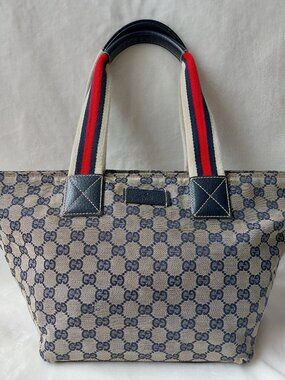 Vtg Gucci Y2K Era Sherry Line Trapezoid Tote Monogram Canvas Navy Shoulder Bag